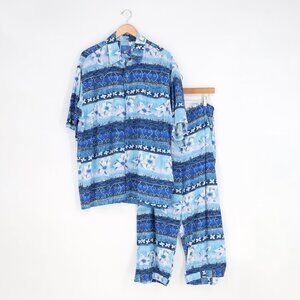 JAMS WORLD Two Piece Blue Hawaiian Tropical Set Top (L) & Ankle Pant (XL)